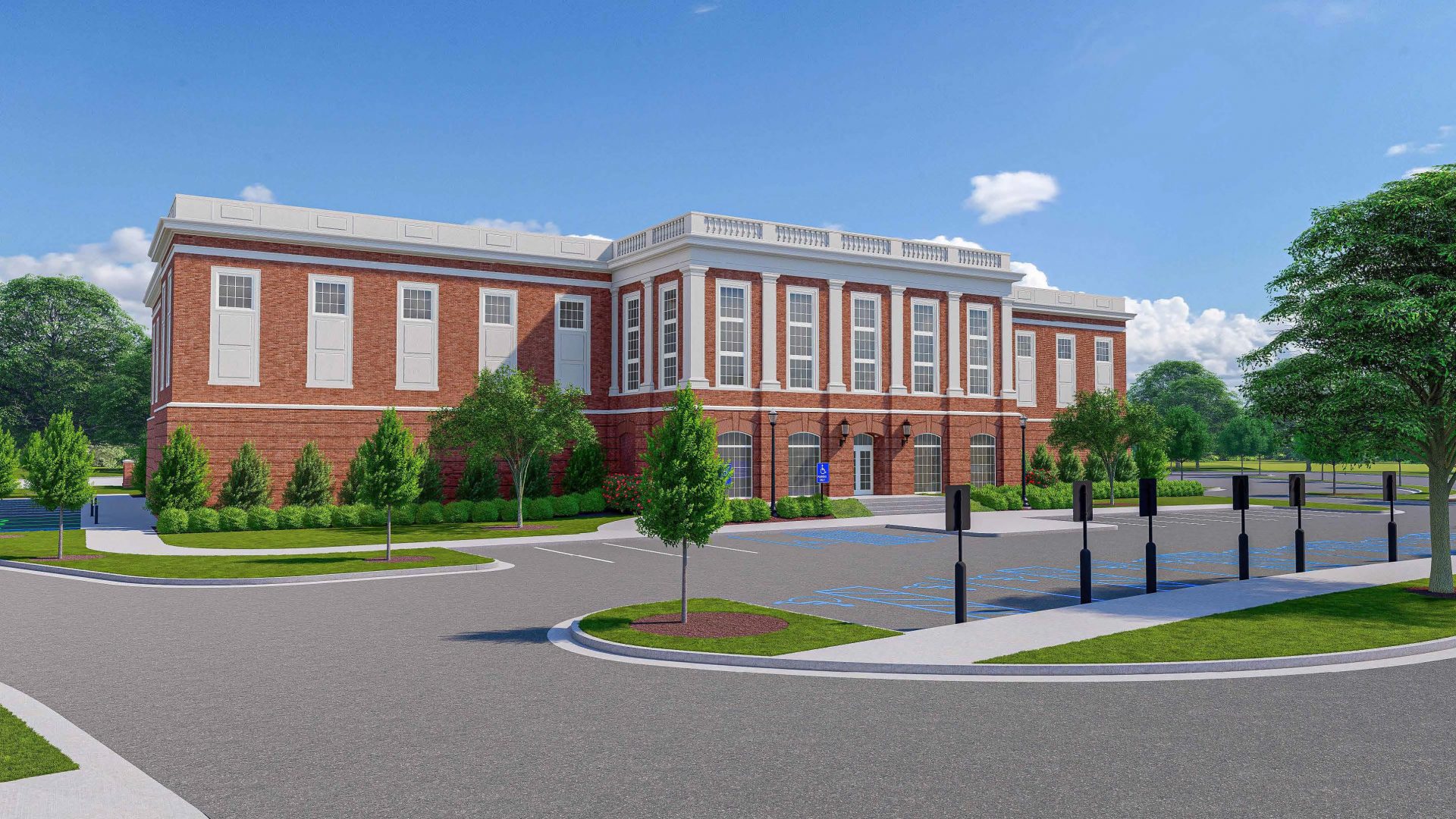 A brick data center building with blue sky behind.